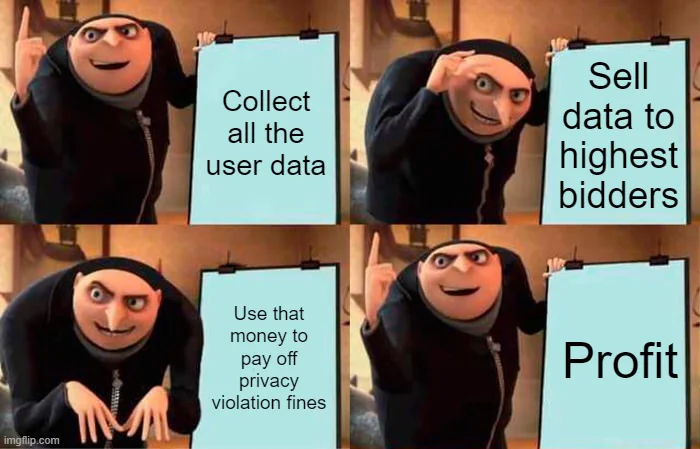 4-panel meme with Gru from Despicable Me!, first panel he shows a slide that reads "Collect al lthe user data", 2nd panel slide reads "sell data to highest bidders", 3rd reads: "use that money to pay off privacy violation fines", last reads "Profit"