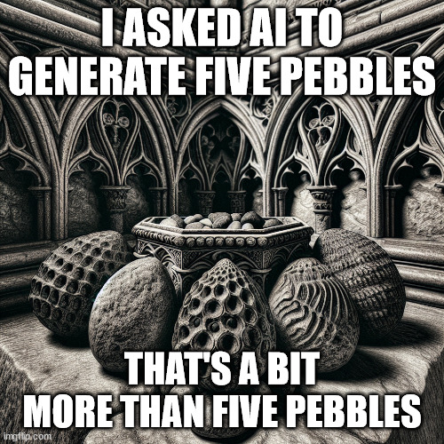 Meme-format image showing an old cathedral-style building with 5 huge rocks resting besides an altar; the text reads: "I asked AI to generate five pebbles... That's a bit more than five pebbles"
